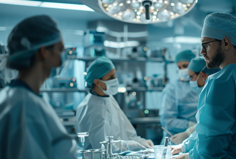 Biomedical laboratory team working in a controlled clinical environment